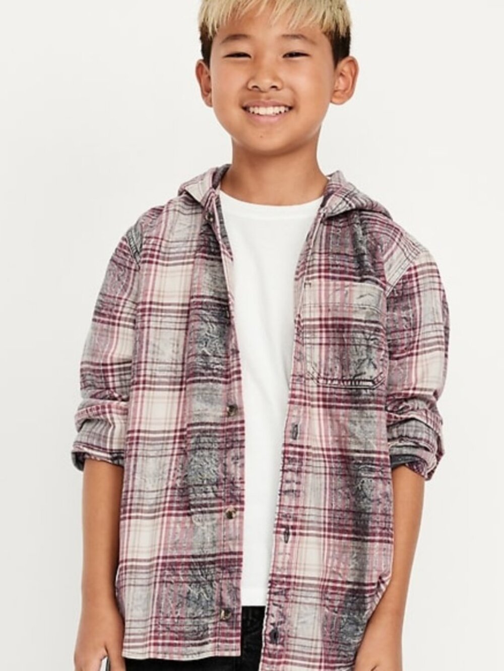 Old Navy Boys Long Sleeve Plaid Button Up Shirt with Hood Sm (6/7) NWT